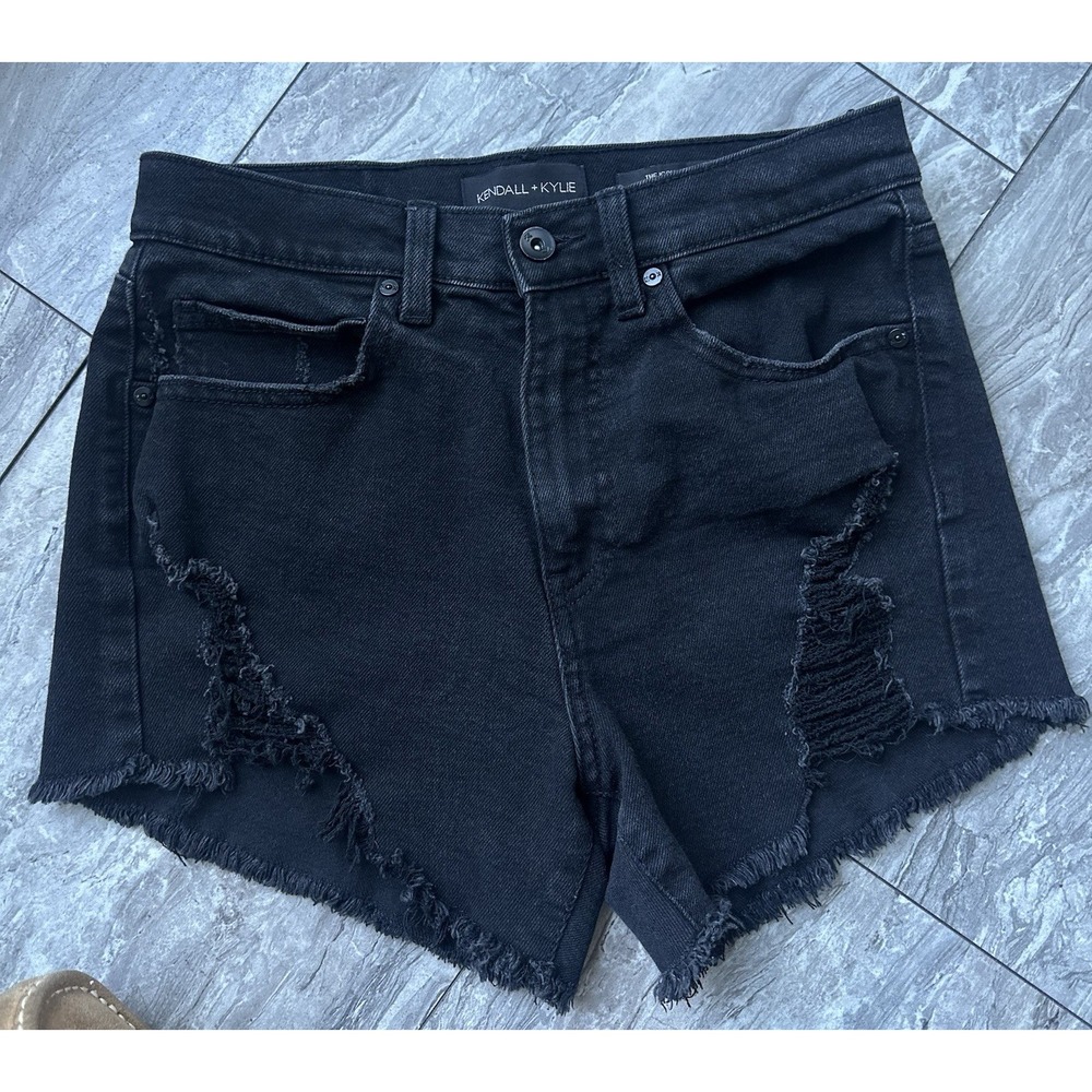 Kendall + Kylie The Icon Short Womens 27 Black Distressed Denim Boho Shorts 0310